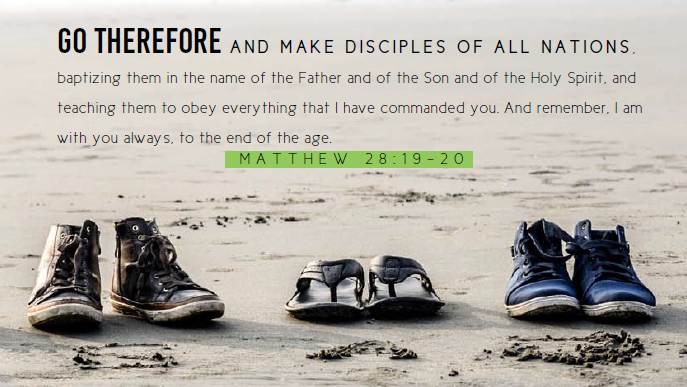 image of shoes on the beach with the text of Matthew 28:19-20 as caption